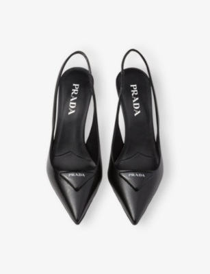 Prada Leather Pumps Glossy Finish Kitten Heel Pointed Toe In Black