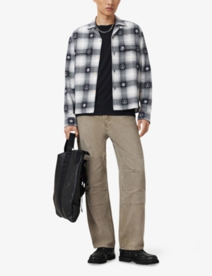 Allsaints Mens Peacoat Blue Castor Cuban-collar Checked Cotton Shirt Xs In Blue