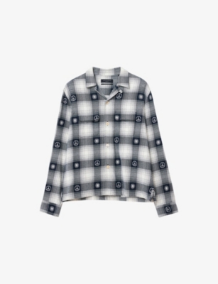 Allsaints Mens Peacoat Blue Castor Cuban-collar Checked Cotton Shirt Xs In Blue