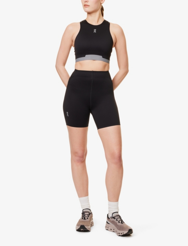 Train Tights Brand-Print Mid-Rise Stretch-Woven Shorts