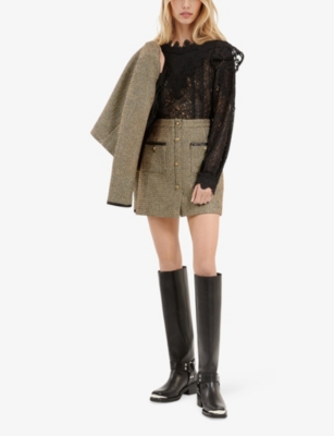 The Kooples Womens  Button-down Straight-cut Mid-rise Cotton-blend Mini Skirt In Black / Gold