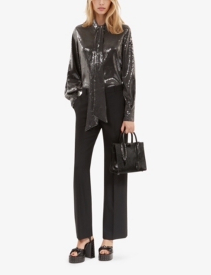 The Kooples Womens Bow-tie Relaxed-fit Sequin Shirt Grey In Grey