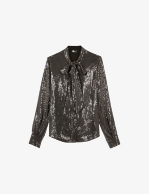 The Kooples Womens Bow-tie Relaxed-fit Sequin Shirt Grey In Grey