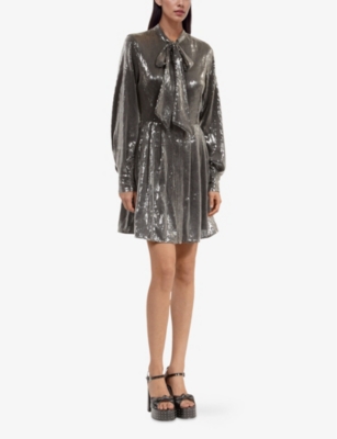 THE KOOPLES WOMENS GREY BOW-TIE SEQUIN MINI DRESS