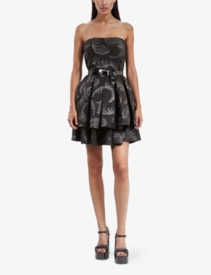 THE KOOPLES WOMENS BLACK / SILVER GRAPHIC-PRINT BUSTIER WOVEN MINI DRESS