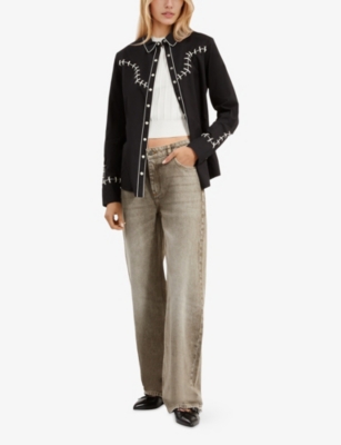 The Kooples Womens Contrast-embroidered Long-sleeved Cotton Shirt Black In Black
