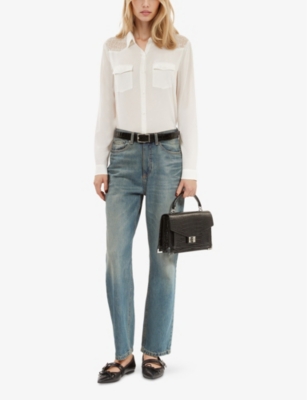 Shop The Kooples Womens Ecru Lace-panel Patch-pocket Silk Shirt