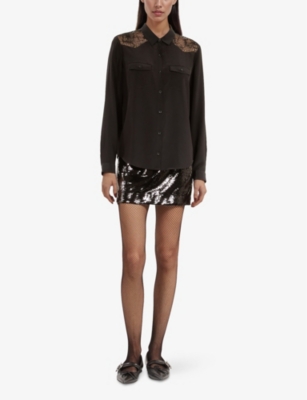 The Kooples Womens Lace-panel Patch-pocket Silk Shirt Black In Black
