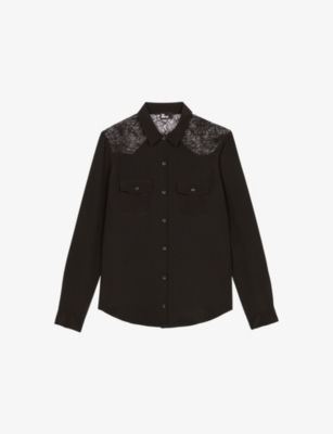 The Kooples Womens Lace-panel Patch-pocket Silk Shirt Black In Black