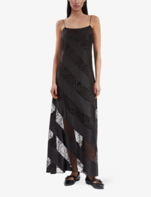 The Kooples Womens Sleeveless Lace-trim Silk Maxi Dress Black In Black