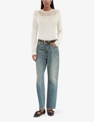 Shop The Kooples Womens White Long-sleeved Lace-insert Cotton T-shirt