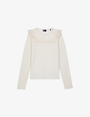 Shop The Kooples Womens White Long-sleeved Lace-insert Cotton T-shirt