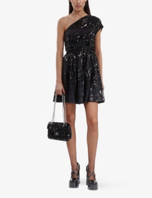 The Kooples Womens  One-shoulder Sequin-embellished Mini Dre In Black