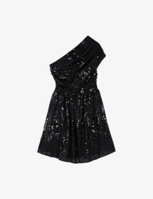 The Kooples Womens  One-shoulder Sequin-embellished Mini Dre In Black