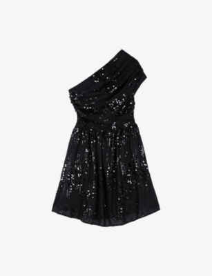 THE KOOPLES WOMENS BLACK ONE-SHOULDER SEQUIN-EMBELLISHED MINI DRESS