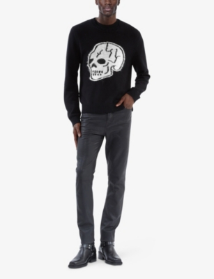 The Kooples Mens Black-ecru Skull-motif Crewneck Cotton Jumper In Black