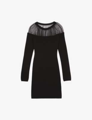 THE KOOPLES WOMENS BLACK LONG-SLEEVE TULLE-TRIM COTTON-BLEND MINI DRESS