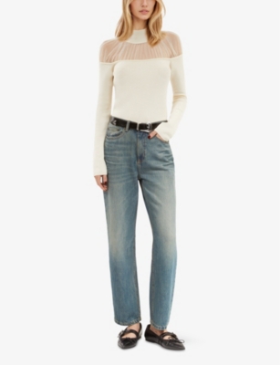 Shop The Kooples Womens Ecru High-neck Tulle-trim Cotton-blend Jumper