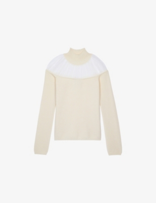Shop The Kooples Womens Ecru High-neck Tulle-trim Cotton-blend Jumper