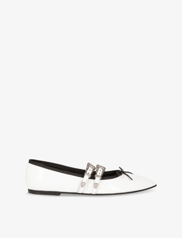 Bow-Embellished Buckled Leather Ballet Flats