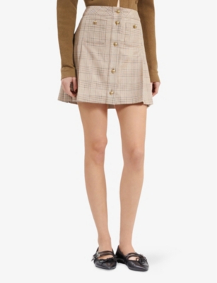 THE KOOPLES WOMENS BEIGE-BROWN PRINCE OF WALES-CHECK WOOL AND COTTON-BLEND MINI SKIRT