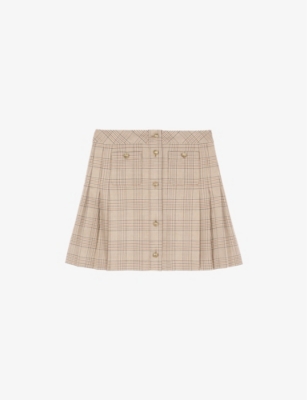 The Kooples Womens  Prince Of Wales-check Wool And Cotton-blend Mini Skirt In Beige-brown