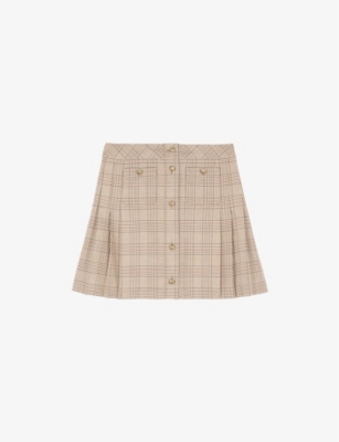 THE KOOPLES WOMENS BEIGE-BROWN PRINCE OF WALES-CHECK WOOL AND COTTON-BLEND MINI SKIRT