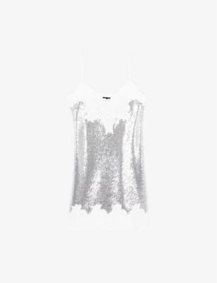 THE KOOPLES WOMENS SILVER LACE-TRIM SEQUIN-EMBELLISHED BABYDOLL MINI DRESS