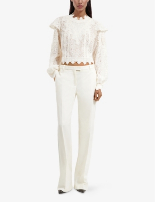 Shop The Kooples Womens  Pressed-creases Straight-leg Mid-rise Woven Trousers In Ecru