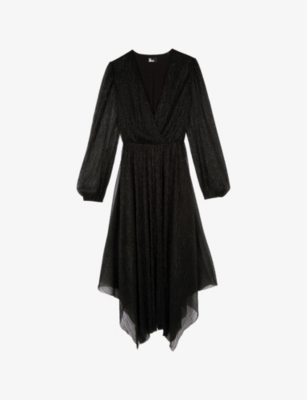 THE KOOPLES WOMENS BLACK LONG-SLEEVE PLEATED METALLIC MIDI DRESS