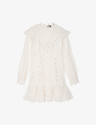 THE KOOPLES WOMENS ECRU FRILLED-TRIM FLORAL-LACE MINI DRESS