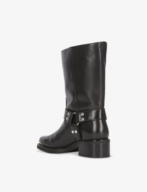 Buckle-Embellished Leather Calf-Length Boots