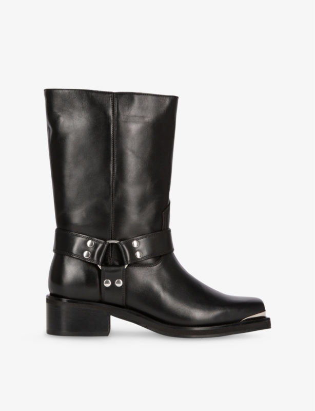 Buckle-Embellished Leather Calf-Length Boots