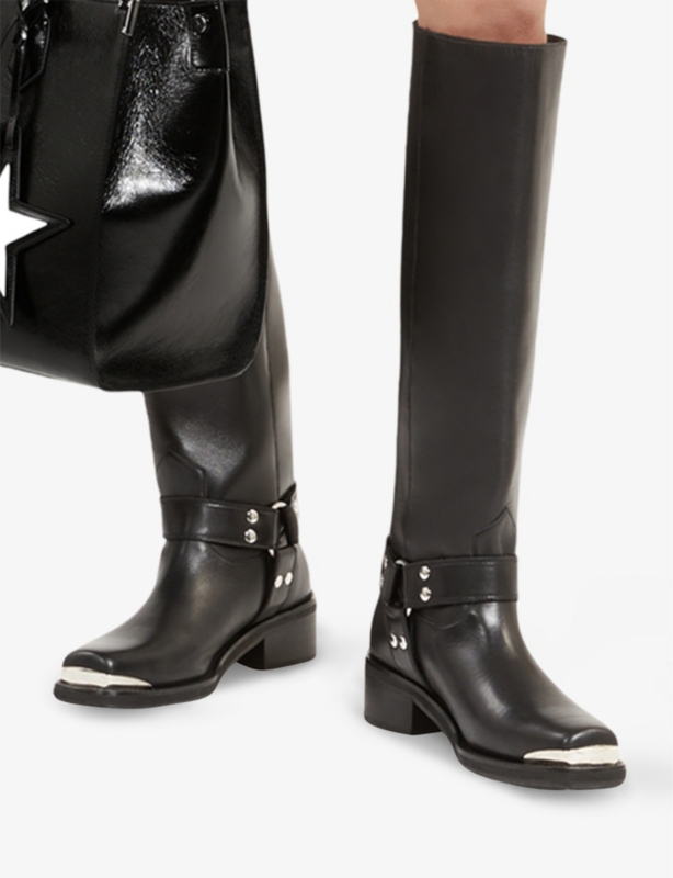 Strap-Embellished Leather Knee-High Boots