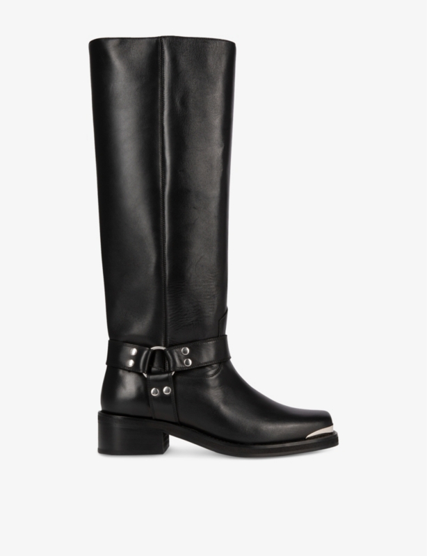 Strap-Embellished Leather Knee-High Boots