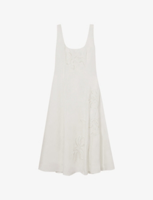 REISS: Elise Floral-Embroidered Linen Midi Dress