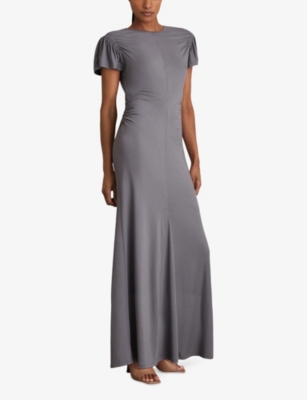 Reiss Womens Grey Helia Round-neck Flutter-sleeve Stretch-jersey Maxi Dress In Gray