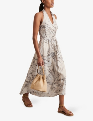 REISS: Carla Palm-Print Linen Midi Dress