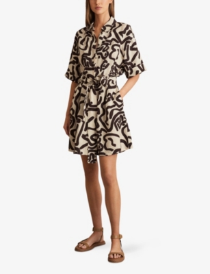 Reiss Womens Brown Ivory Camelia Graphic-print Short-sleeve Linen-blend Mini Dress