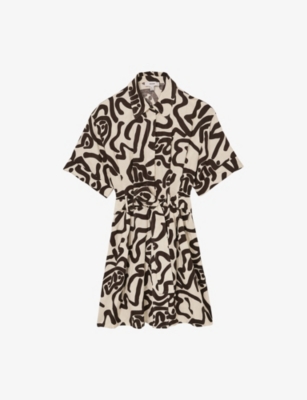 Reiss Womens Brown Ivory Camelia Graphic-print Short-sleeve Linen-blend Mini Dress