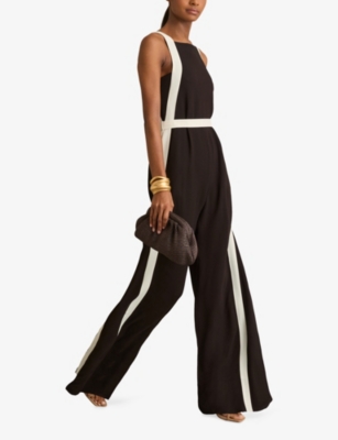 REISS WOMENS CHOCOLATE CREAM SALMA COLOUR-BLOCK WIDE-LEG WOVEN JUMPUIT 