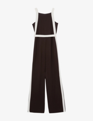 REISS WOMENS CHOCOLATE CREAM SALMA COLOUR-BLOCK WIDE-LEG WOVEN JUMPUIT 