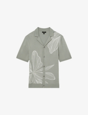 Reiss Mens Laurent Floral-embroidered Stretch-knit Shirt Soft Sage