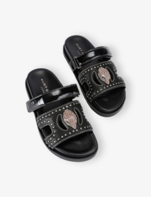 Kurt Geiger Leather Eagle Cut-out Slides In Black