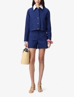 CLAUDIE PIERLOT WOMENS BLEUS CROPPED STRAIGHT LINEN-BLEND JACKET 
