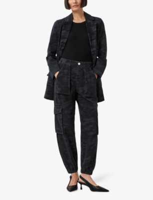 Allsaints Womens Camo Ink Blue Fredia Camo-print High-rise Denim Trousers In Black