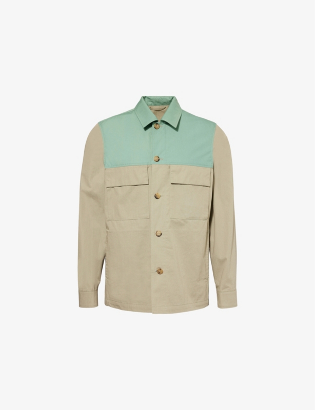 Colour-Block Flap-Pockets Cotton Shirt Jacket