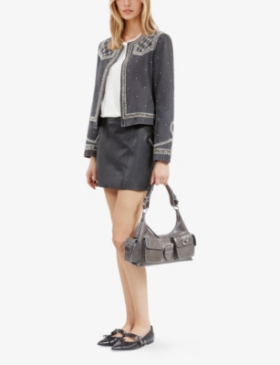 THE KOOPLES WOMENS PEARL AND STUD EMBELLISHED DENIM JACKET BLACK WASHED 