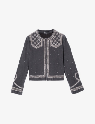 THE KOOPLES WOMENS PEARL AND STUD EMBELLISHED DENIM JACKET BLACK WASHED 