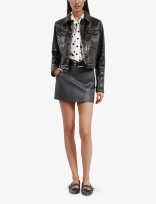 Shop The Kooples Womens Black Coated Patch-pocket Straight-cut Woven Jacket